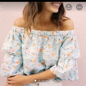 Anthropologie Laia Floral Eyelet Off Shoulder Top Size XS Ruffle Sleeve Fairy